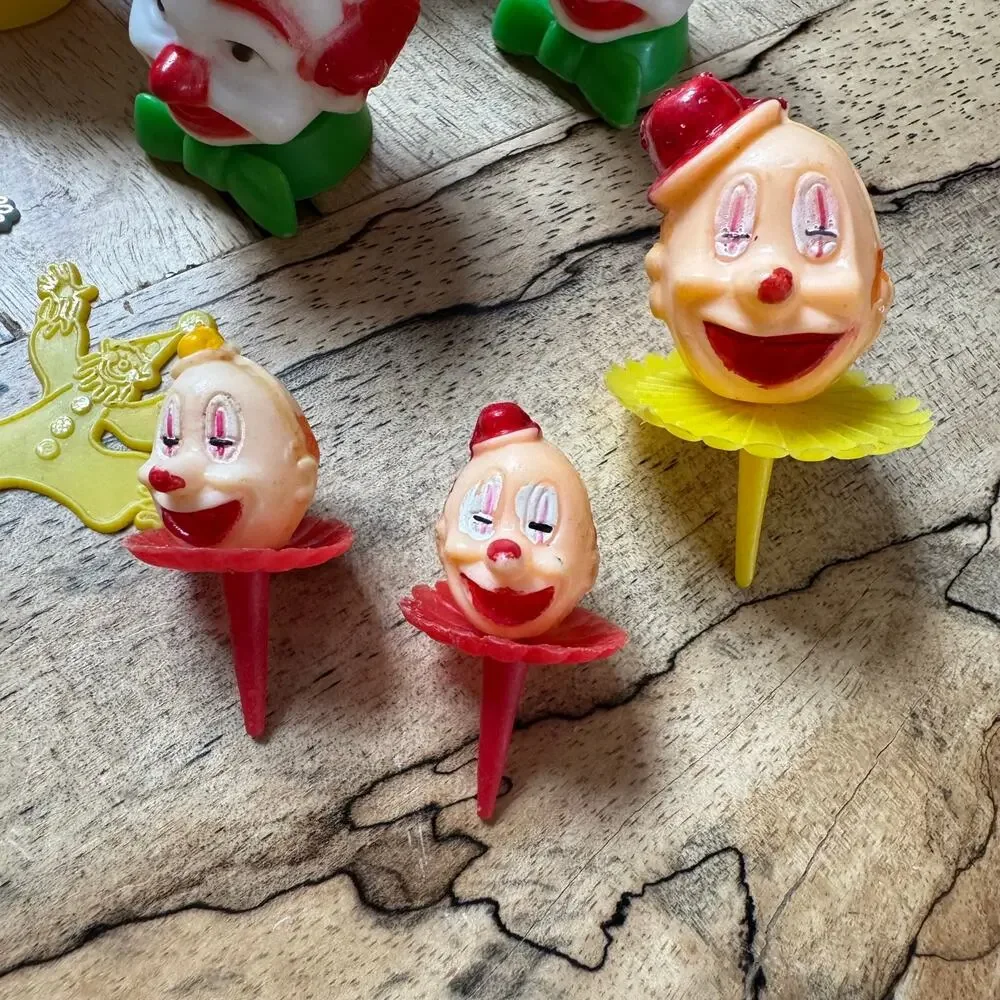 Vintage Plastic Clown Cupcake Picks, Retro Circus Cake Toppers Lot, 1970s 1980s
